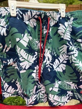 Nautica Navy & Green Tropical Leaf Swim Trunks with Red Drawstring